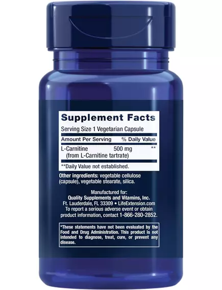 Life Extension L-Carnitine / L-карнитин поддержка митохондрий 500 мг 30 капсул, фото 2 в магазине биодобавок nutrido.shop