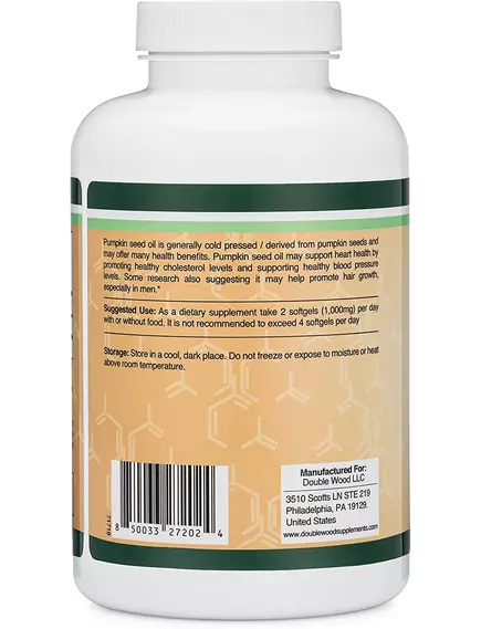 Double Wood Pumpkin Seed Oil / Масло семян тыквы Омега-6 для здоровья сердца 180 капсул, фото 3 в магазине биодобавок nutrido.shop