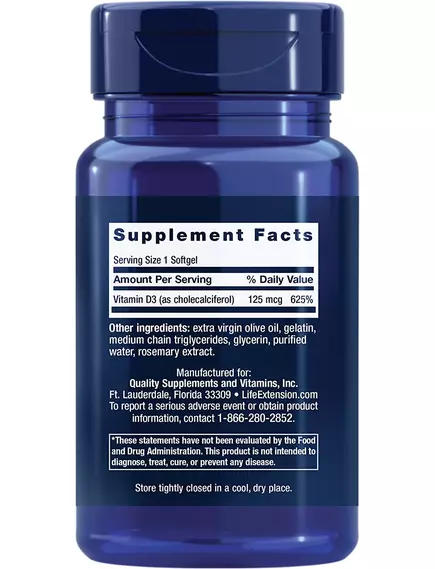 Life Extension Vitamin D3 / Витамин Д3 5000 МЕ вегетарианский 60 капсул, фото 2 в магазине биодобавок nutrido.shop