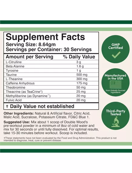 Double Wood Pre-Workout / Передтренувальний комплекс зі смаком ожини 259,2 г, фото 2 в магазине биодобавок nutrido.shop