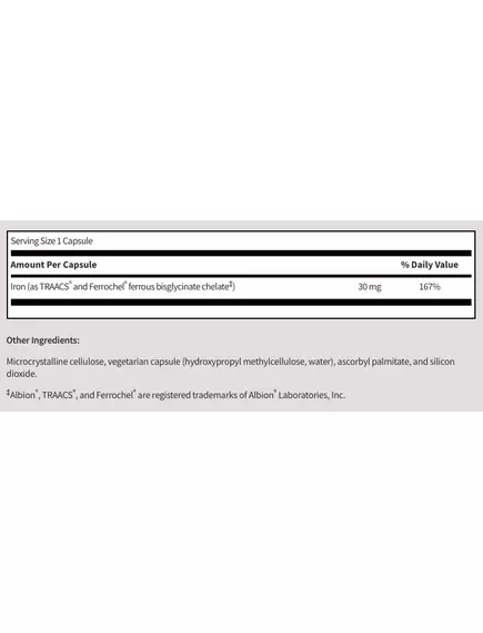 Neurobiologix Iron chelate / Хелатное железо 30мг 100 капсул, фото 2 в магазине биодобавок nutrido.shop