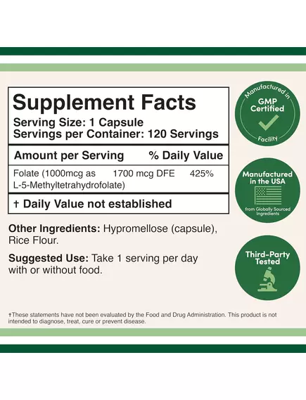 Double Wood Methylfolate / Метилфолат 1000 мкг 120 капсул, фото 2 в магазине биодобавок nutrido.shop