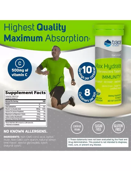 Trace Minerals Max-Hydrate Immunity / Електроліти для імунітету лимон-лайм 10 шипучих таблеток, фото 3 від магазину біодобавок nutrido.shop