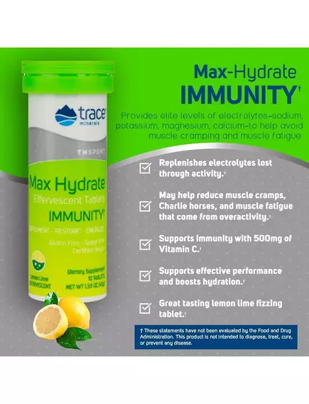 Trace Minerals Max-Hydrate Immunity / Електроліти для імунітету лимон-лайм 10 шипучих таблеток, фото 4 від магазину біодобавок nutrido.shop