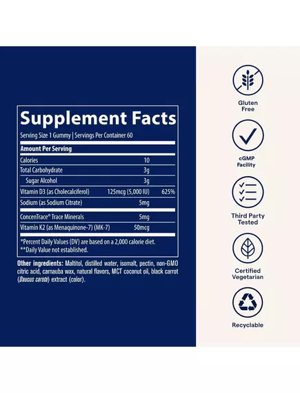 Trace Minerals Vitamin D3+K2 Gummies / Вітаміни Д3 (5000 МО) K2 (50 мкг) смак полуниця 60 жувальних мармеладок, фото 3 в магазине биодобавок nutrido.shop