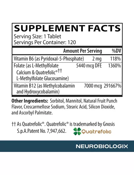 NEUROBIOLOGIX METHYLATION COMPLETE / БІОАКТИВНИЙ Б12 І МЕТИЛФОЛАТ 120 СУБЛІНГВАЛЬНИХ ТАБЛЕТОК, фото 8 від магазину біодобавок nutrido.shop