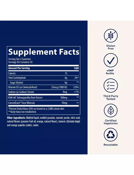 Trace Minerals Ashwagandha Gummies / Ашваганда смак маракуя-апельсин 60 жувальних мармеладок, фото 2 в магазине биодобавок nutrido.shop
