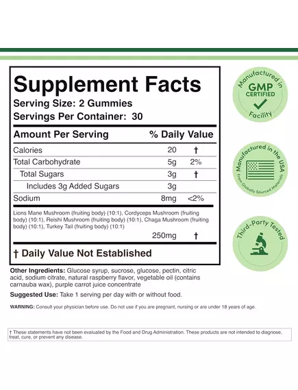 Double Wood Mushroom Gummies / Комплекс грибів 5 видів 250 мг 60 жувальних цукерок, фото 2 від магазину біодобавок nutrido.shop