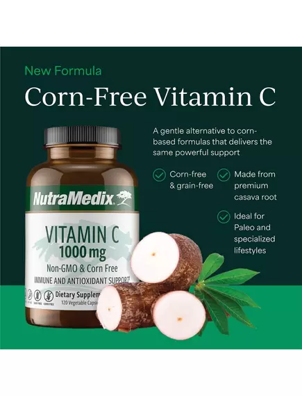 NutraMedix Vitamin C Corn-Free / Вітамін C без кукурудзи 1000 мг антиоксидант 120 капсул, фото 3 від магазину біодобавок nutrido.shop