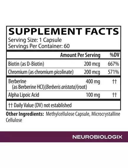 Neurobiologix Berberine Complex / Берберин підтримка метаболізму та рівня глюкози 60 капсул, фото 3 в магазине биодобавок nutrido.shop
