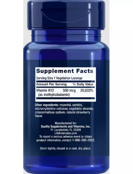 Life Extension Vitamin B12 methylcobalamin / Вітамін Б12 метилкобаламін 500 мкг 100 пастилок, фото 2 від магазину біодобавок nutrido.shop