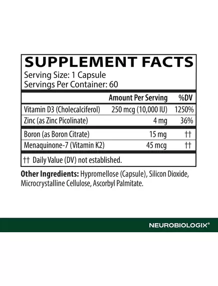 NEUROBIOLOGIX D3+K2 COFACTOR COMPLEX / Д3 10.000 МО + К2 45 МКГ ІЗ КОФАКТОРАМИ 60 КАПСУЛ, фото 7 від магазину біодобавок nutrido.shop