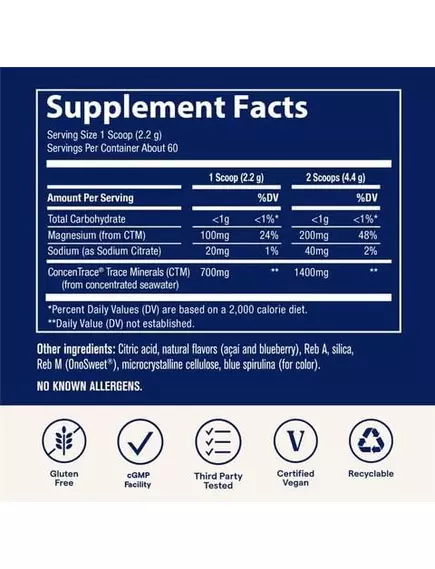 Trace Minerals ConcenTrace Daily Mineral Powder / Щоденні мінерали смак блакитної асаї 132 г, фото 2 в магазине биодобавок nutrido.shop