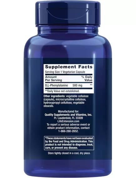 Life Extension D, L-Phenylalanine / D, L-фенілаланін підтримка настрою та нейротрансмітерів 100 к, фото 2 в магазине биодобавок nutrido.shop