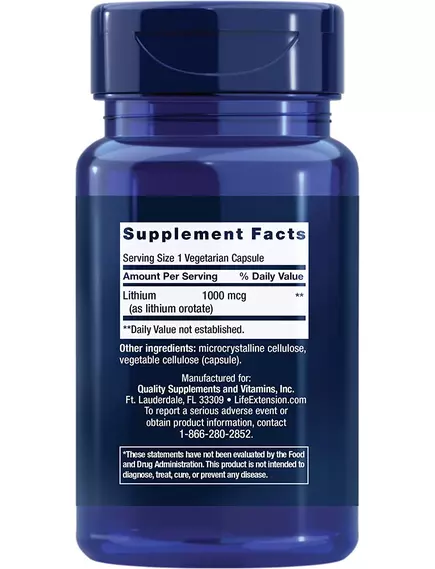 Life Extension Lithium / Літій 1000 мкг 100 капсул, фото 2 від магазину біодобавок nutrido.shop