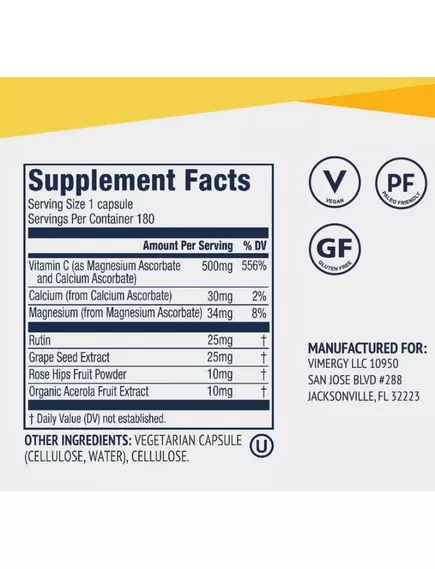 Vimergy Micro-C / Вітамін C буферизований 500 мг 180 капсул, фото 2 від магазину біодобавок nutrido.shop