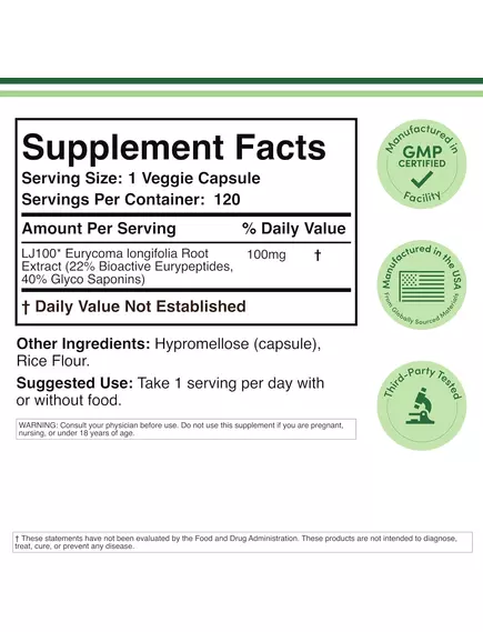Double Wood LJ 100 Tongkat Ali Extract / Тонгкат Алі екстракт 22% еврипептидів 120 капсул, фото 2 в магазине биодобавок nutrido.shop