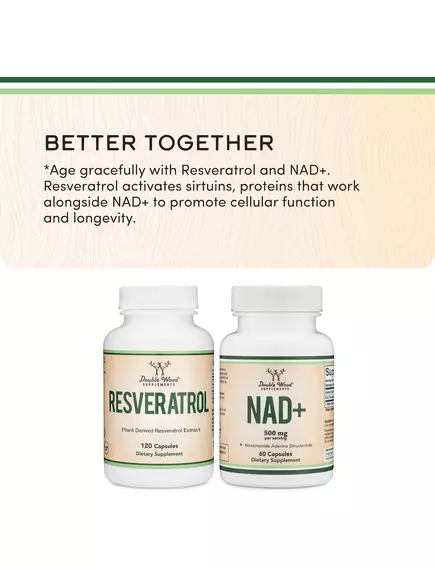 Double Wood NAD+ / НАД+ поддержка выработки клеточной энергии 250 мг 60 капсул, фото 9 в магазине биодобавок nutrido.shop