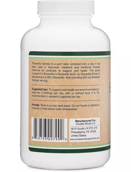 Double Wood Boswellia Extract / Босвелія екстракт для здоров'я суглобів 65% 240 капсул, фото 3 в магазине биодобавок nutrido.shop