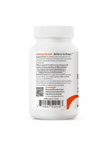 Seeking Health B Minus / Комплекс витаминов группы Б без Б12 и фолиевой 100 капсул, фото 5 в магазине биодобавок nutrido.shop