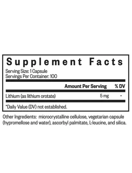 Seeking Health Lithium Orotate / Литий оротат 5 мг 100 капсул, фото 3 в магазине биодобавок nutrido.shop