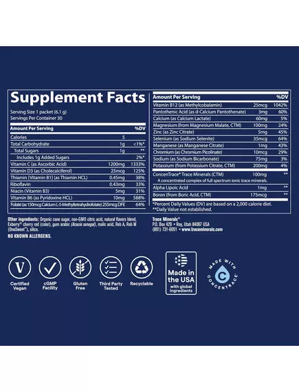 Trace Minerals  Power Pak Raspberry/ Вітамін C + електроліти + мультивітаміни Малина 30 саше, фото 11 від магазину біодобавок nutrido.shop