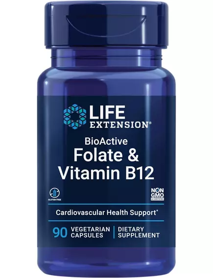 Life Extension BioActive Folate & Vitamin B12 / Фолат (5-MTHF) і вітамін Б12 (метилкобаламін) 90 капсул від магазину біодобавок nutrido.shop