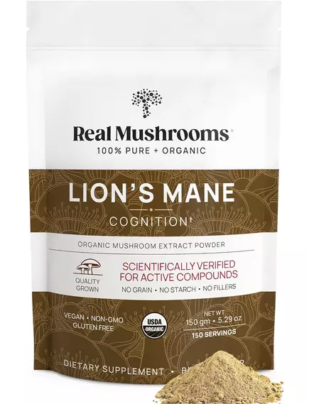 Real Mushrooms Lion's Mane / Їжовик гребінчастий органік порошок для когнітивного здоров'я 150 г від магазину біодобавок nutrido.shop
