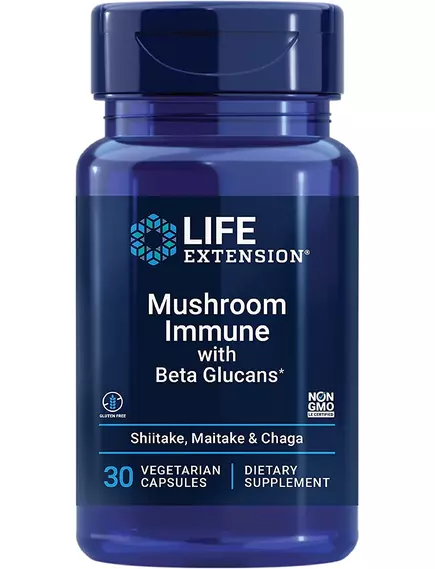 LIFE EXTENSION MUSHROOM IMMUNE WITH BETA GLUCANS / СУМІШ ГРИБІВ ДЛЯ ПІДТРИМКИ ІМУНІТЕТУ 30 КАПСУЛ від магазину біодобавок nutrido.shop