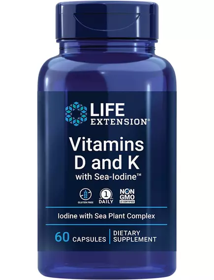 LIFE EXTENSION VITAMINS D&K W/ SEA-IODINE / ВІТАМІНИ D ТА K З МОРСЬКИМ ЙОДОМ 60 КАПСУЛ від магазину біодобавок nutrido.shop