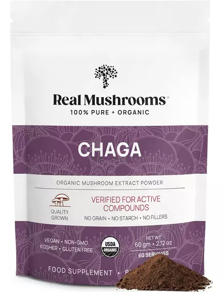 REAL MUSHROOMS CHAGA / ГРИБИ З ЕКСТРАКТОМ ЧАГИ ДЛЯ ПІДТРИМКИ ІМУНІТЕТУ І ТРАВЛЕННЯ ПОРОШОК 60 Г від магазину біодобавок nutrido.shop