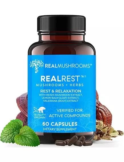 REAL MUSHROOMS REALREST / РЕАЛ РЕСТ - РЕЙШІ, ВАЛЕРІАНА ТА ЛИМОННА М'ЯТА 60 КАПСУЛ від магазину біодобавок nutrido.shop