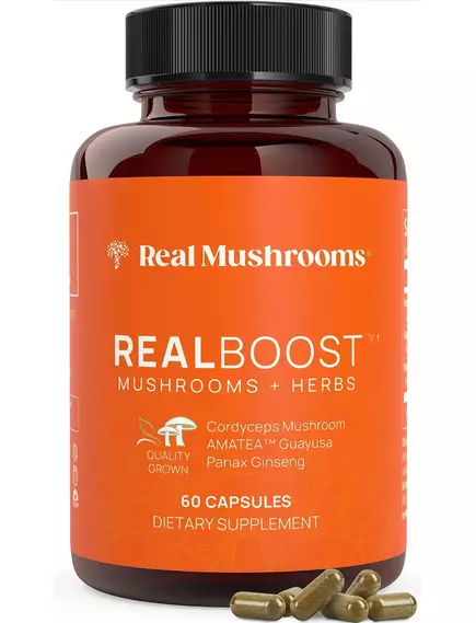 REAL MUSHROOMS REALBOOST / СУМІШ ГРИБІВ ДЛЯ ЕНЕРГІЇ ТА ВИНОСЛИВОСТІ 60 КАПСУЛ від магазину біодобавок nutrido.shop