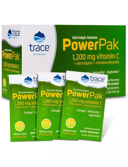 Вітамін C + електроліти + мультивітаміни Лимон Лайм 30 саше / Power Pak Lemon Lime, Trace Minerals від магазину біодобавок nutrido.shop