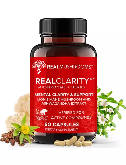 REAL MUSHROOMS REALCLARITY / ЯСНІСТЬ - ЛЕВОВА ГРИВА, АШВАГАНДА, РОДІОЛА ТА БАКОПА 60 КАПСУЛ від магазину біодобавок nutrido.shop